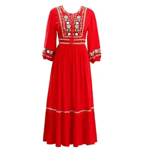 Vestido largo bohemio 2024 Primavera Verano lujoso damas colorido bordado linterna manga alta calidad largo blanco rojo <span class=keywords><strong>Dre</strong></span> - Product Image 1