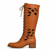 Bottes hautes marron à lacets découpées pour femmes, talon carré, chaussures de mode, vente en gros, fournisseur d'usine OEM ODM, partenaire