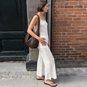 Conjunto de 2 Piezas de Encaje Blanco para Mujer, Top sin Mangas con Pantalones Largos, Elegante, Holgado, Transpirable, para Primavera/Verano - Product Image 5