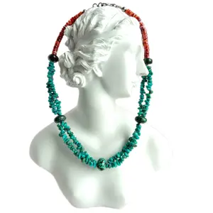 Natural Turquoise and spiny oyster 925 Sterling Silver handmade multistrand Necklace