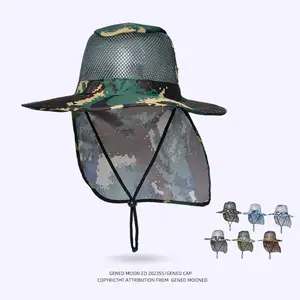 New Arrival Custom Logo Camouflage Cotton/Polyester Bucket Hats With Back Net Flap UV Sun Protection Wide Brim Fishing Cap