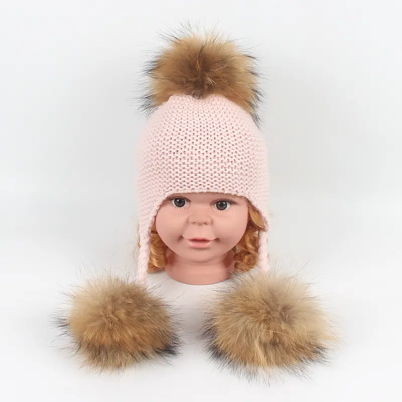 Yeni sonbahar kış şapka çocuklar için bebek at kuyruğu bere 15 CM gerçek kürk pom pom şapka yün örme kap çocuk Boys kızlar kış kulaklığı şapka