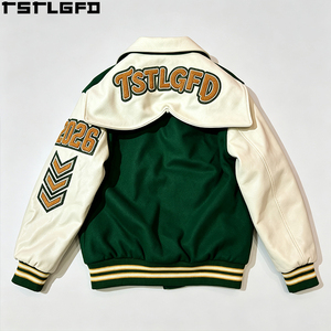 Cut And Sew Varsity <b>Jacket</b> <b>Rhinestone</b> Applique Green Wool Leather Sleeve Letterman Baseball <b>Jacket</b> Wholesale Bulk - Product Image 4