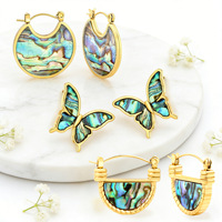 Boucles d'oreilles tendance en coquille d'ormeau bleue, acier inoxydable plaqué or 18 carats, motif papillon