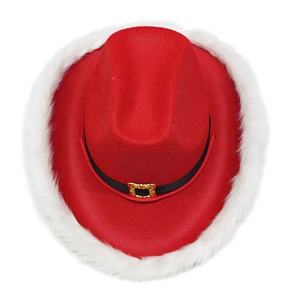 Sombrero de Vaquero de Fieltro Rojo con Borde de Piel Blanca, Sombrero Festivo de Invierno Unisex para Adultos, Ideal para Fiestas Navideñas - Product Image 4