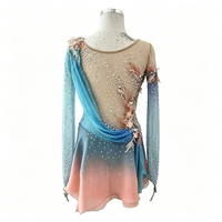 Robe de patinage artistique bleu rose dégradé à motif floral, dos ouvert, ceinture drapée, strass faits à la main, manches longues en maille, pour adultes et enfants