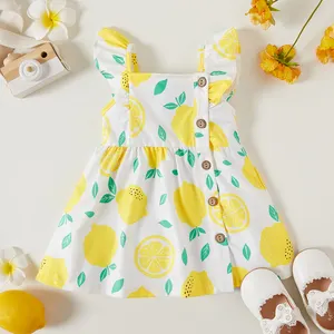 有机棉块印花复古灵感Pinafore休闲格子连衣裙，带柠檬飘动帽袖，适合小女孩