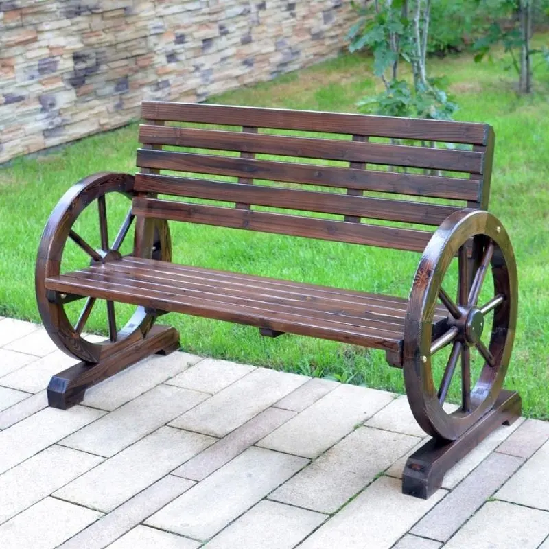 Wooden Garden Bench with Wagon Wheel Armrests Patio Backyard Wood Chairs