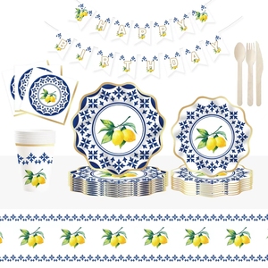 DAMAI Vaisselle jetable en porcelaine bleue et blanche pour fête d'anniversaire au citron, assiettes, gobelets, serviettes, ensemble de vaisselle de fête - Product Image 2
