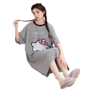<span class=keywords><strong>Pijamas</strong></span> Casuales de Verano para Mujer, Manga Corta, Rayas, Dibujos Animados, Bonitas, Camisón de Longitud Media, Estilo Coreano, Holgadas, de Algodón, para el Hogar - Product Image 5