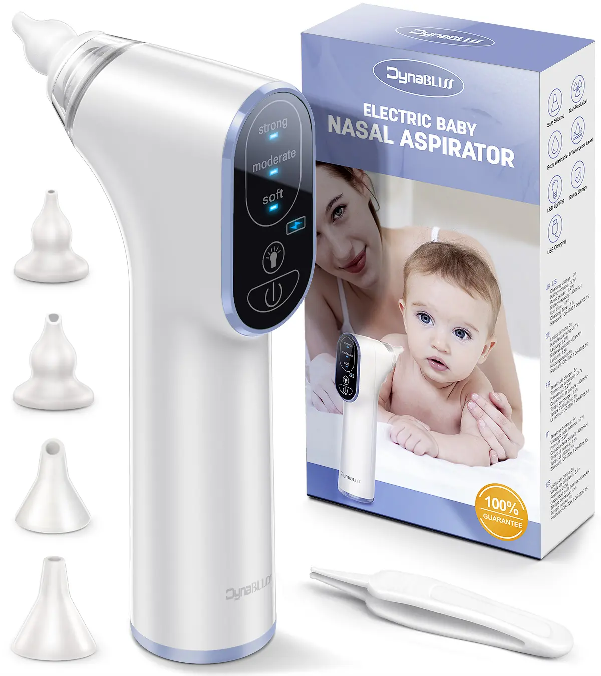 Aspiratore nasale per il bambino pulitore naso automatico con 3 punte in Silicone e livello di aspirazione regolabile funzione di musica e luce lenitiva