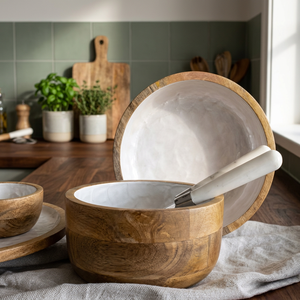 Tazón de ensalada creativo de madera de acacia para el hogar, práctico tazón redondo de madera maciza grande para frutas, antiadherente - Artesanía india para el hogar - Product Image 3