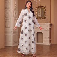 Abaya pour femmes musulmanes, col en V, élégante, col montant, broderie florale à sequins et perles, manches évasées, robe longue en polyester pour soirée