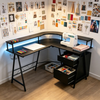 Grand bureau de jeu RGB pour ordinateur de bureau, en forme de L, noir, avec éclairage LED