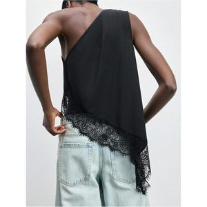 FOXA Débardeur asymétrique à une épaule avec dentelle pour femme, haut d'été sans manches en mousseline respirante - Product Image 2