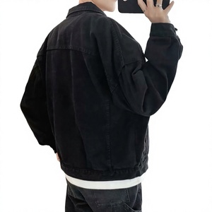 <b>Men's</b> <b>Black</b> Denim Jacket Casual Loose Fit Turn-down Collar Regular Sleeve Autumn Cotton Washed Solid Color Zipper Closure - Product Image 1