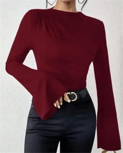 T-shirt pour femmes Joker, coupe slim, style européen et américain, polyester, saison d'automne, design polyvalent, couleur unie, manches longues, incliné - Product Image 5