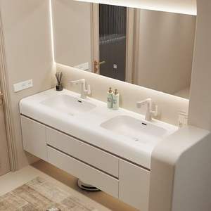Armadietto da bagno moderno in stile crema da 120cm con specchio a LED multifunzionale e Design a bacinella integrato in Corian - Product Image 4