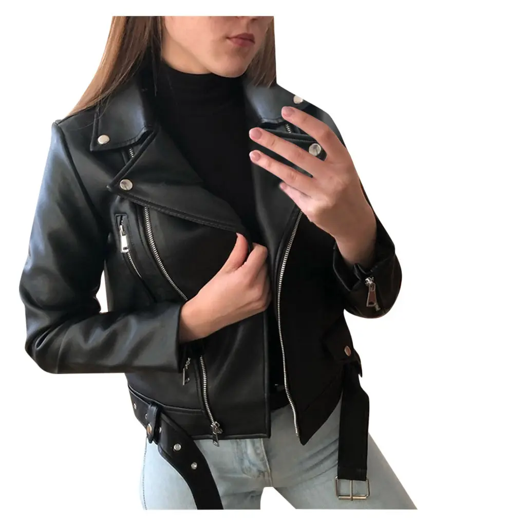 New Fashion Women Girls PU Leather Biker Jacket Spring Autumn Long Sleeve Casual Slim Solid Color Zipper Casual Coat Jacket