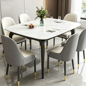 Ensemble de table à manger rectangulaire moderne en marbre, 6 chaises en cuir PU, plateau en pierre frittée, pieds en métal, mobilier de salle à manger minimaliste - Product Image 3