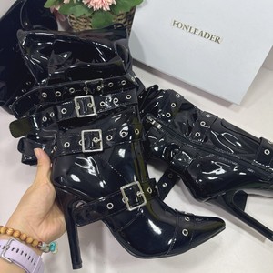 Bottines noires à rivets métalliques au-dessus du genou pour femmes, style punk sexy, boucle de ceinture, talons hauts de 11 cm, pointures 35-42 - Product Image 5