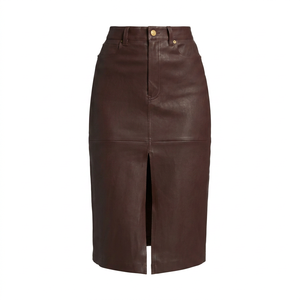 Jupe crayon vintage en cuir véritable et satin, taille naturelle, respirante, avec fente avant, ceinture et boutons, mini, couleur unie, design plissé pour femme - Product Image 1