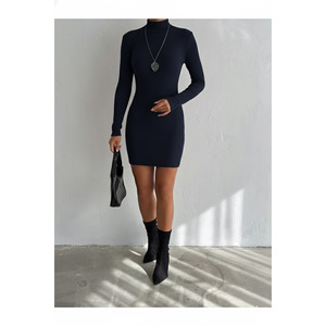 Women's <b>Elastic</b> Ribbed Stand-Up Collar Long Sleeve Midi <b>Dress</b> 90 Cm Office Wear - Product Image 1