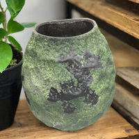 Pot antique chinois en céramique fait main, style Art Déco, vert mat, rustique, décoration d'intérieur de style farmhouse, vase de table écologique de petite taille