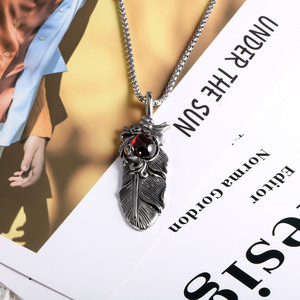 European American Style Feather Pendant <b>Necklace</b> With <b>Ruby</b> Inlay Bezel Setting Fashion Sweater Chain Charm SP435 - Product Image 2