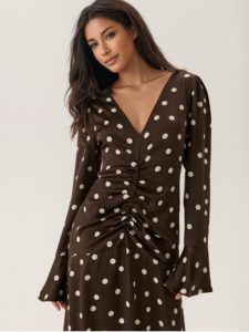 Elegante <span class=keywords><strong>Abito</strong></span> da Donna a <span class=keywords><strong>Pois</strong></span> con Scollo a V, Vita Alta, Maniche Lunghe e Decorazione con Bordo Plissettato in Tinta Unita - Product Image 3