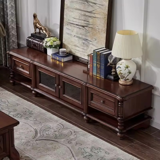 Modern American Style 2m Solid Mahogany Wood TV Cabinet Coffee Table Set Eco-Friendly Durable Light Luxury Living Room Villa