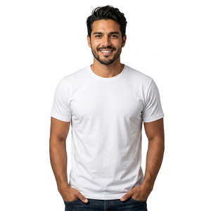 T-shirt blanc en coton pour homme, col rond, coupe classique, manches courtes, jersey tricoté, couleur unie, design simple - Product Image 1