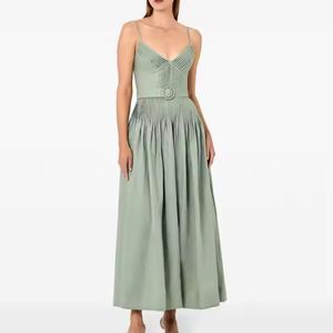 Robe midi trapèze vert menthe personnalisée, élégante, bohème, décontractée, avec ceinture, 100 % lin, sans manches, pour printemps, été, automne - Product Image 5