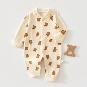Mono de algodón puro para bebé, ropa Unisex de manga larga para primavera y otoño con estampado de oso, ropa para recién nacido, mono para bebé - Product Image 1