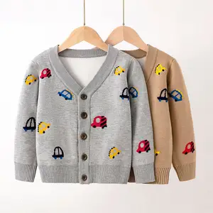 Confortável e Acolhedor Carros Padrão Bebê Crianças Malhas Cardigan Sweater