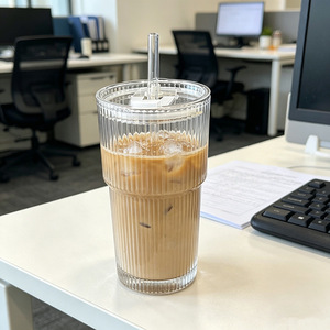 Glass Drink Cup With Lid And Straw For Coffee Office Use Solid Color Single Cup - Product Image 1