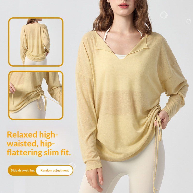 Women Lapel Thin Solid Color Loose Yoga Long Sleeve Autumn Winter Waist Cinching Slim Pilates Top