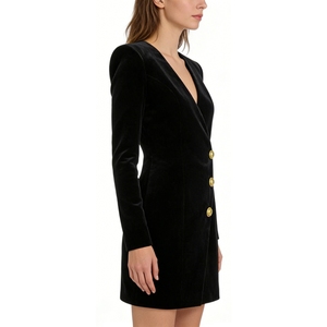 Vestido de Traje Negro para Mujer - Vestido Formal Cruzado con Botones Dorados, Vestidos de Moda - Product Image 2