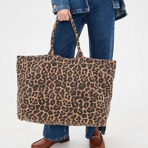 Leopard Print Canvas Tote <b>Bag</b> Custom Logo Travel Shopping Shoulder <b>Beach</b> <b>Bags</b> Fashion Durable <b>Large</b> Cotton Women Summer Open - Product Image 2