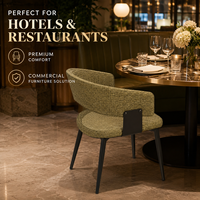 Chaise de salle à manger moderne en bouclette vert mousse, dossier ouvert, accoudoirs incurvés, structure métallique, pieds noirs, pour hôtel, restaurant, café, usage commercial