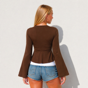 Camiseta casual con bloques de color, cuello en V, efecto de capas, cintura con lazo, corte en A y manga acampanada, estilo vintage europeo y sexy - Product Image 3