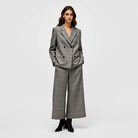 Ensemble de pantalon de costume à carreaux pour femme sur mesure, blazer croisé et pantalon large, tenue de bureau deux pièces