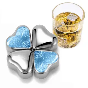 Piedra de vino reutilizable de acero inoxidable, herramientas para Bar, cubos de hielo con forma de corazón, grandes metales plateados, 8 Uds., venta al por mayor