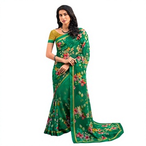 Traditional <b>Green</b> Floral Printed <b>Silk</b> Saree For Women Wedding Party Wear India Pakistan Ethnic Dress Regular Fit Floor Length - Product Image 1
