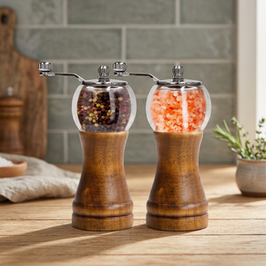 Wooden Salt and <b>Pepper</b> Mills with Glass Tops Manual Rotary Knob Refillable Mill Set for Kitchen Use - Product Image 3