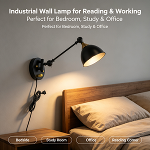 Lampada da Parete Nera Regolabile, <span class=keywords><strong>Applique</strong></span> Industriale con <span class=keywords><strong>Braccio</strong></span> Orientabile e Accenti Dorati per Camera da Letto, Studio, Ufficio - Product Image 4