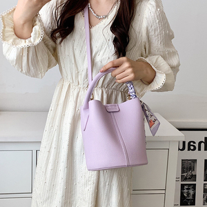Pebbled Leather Bohemian Bucket Handbag with Scarf Removable Cross-Body Strap Large Capacity Women's Daily Use Shoulder <b>Purse</b> - Product Image 3