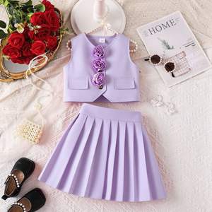Set Pakaian Musim Panas untuk Anak Perempuan, Set Dua Potong Motif Bunga 3D, Atasan Tanpa Lengan dan Rok Lipit, Set Pakaian Anak - Product Image 3