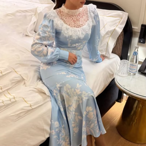 <span class=keywords><strong>Abito</strong></span> <span class=keywords><strong>lungo</strong></span> in <span class=keywords><strong>raso</strong></span> <span class=keywords><strong>azzurro</strong></span> floreale con colletto in pizzo, elegante vestito a sirena a maniche lunghe da donna - Product Image 2