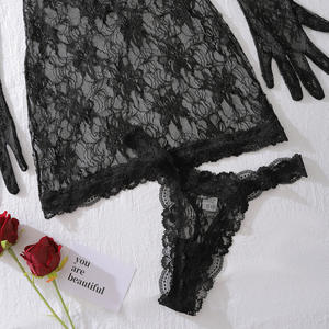 Sexy dames lingerie set met kant, bloemenprint, halterjurk met open rug, string en handschoenen, 4-delig erotische kostuum - Product Image 6